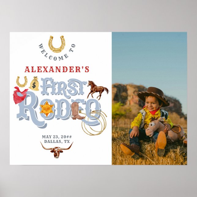 Blue First Rodeo Baby Boy 1st Birthday Welcome Poster (Front)