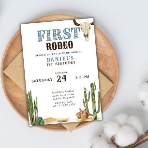 Blue First Rodeo Western Cowboy 1st Birthday  Invitation