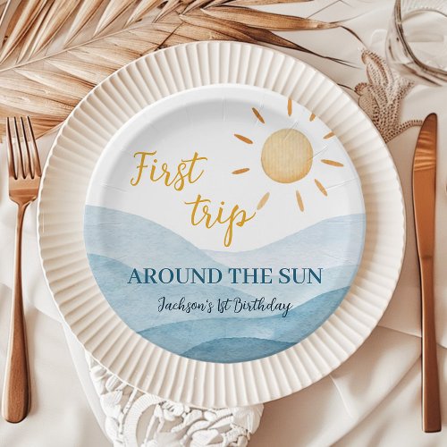 Blue First Trip Around Sun Birthday Paper Plates