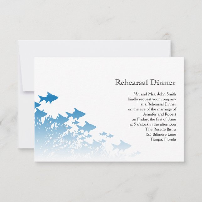 Blue Fish and Coral Wedding Rehearsal Invitation (Front)