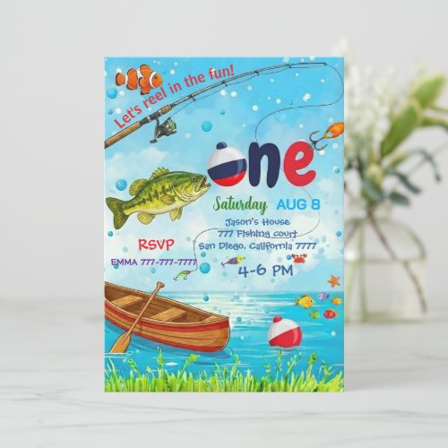 Blue Fish Boat Ofishally One 1st Birthday Invitati