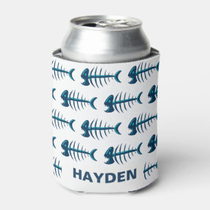 Blue Fish Bones Pattern Personalised Can Cooler
