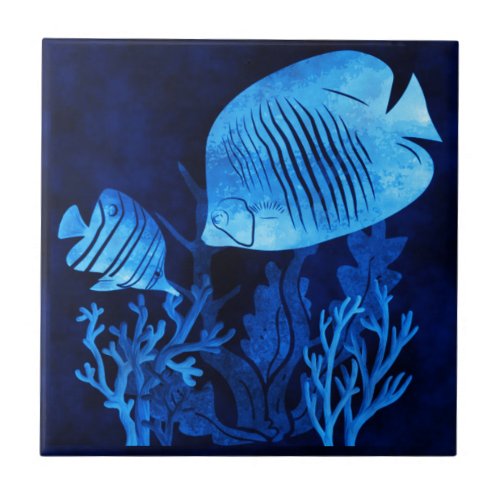 Blue Fish Deep Blue Seas Marine Life Ocean Theme Ceramic Tile