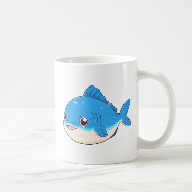 Blue Fish Drawing, Cartoon Style Coffee Mug (Right)