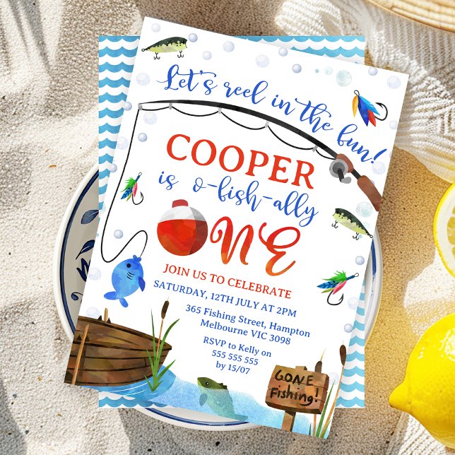 Blue Fish Fishing O-fish-ally One 1st Birthday  Invitation (Editable Ofishally One 1st Birthday Invitation, Editable Bauble One Fishing, Fishing Themed Invite)