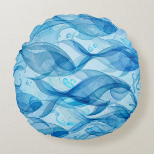 Blue Fish Flowing Abstract Harmonious Round Pillow
