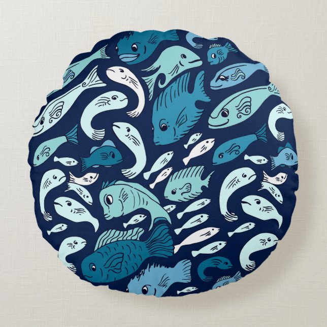 Blue Fish Globe Round Pillow (Front)