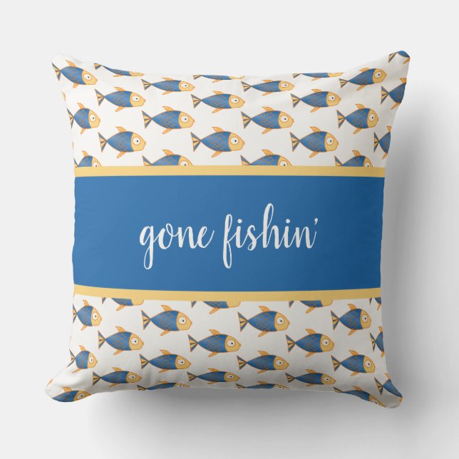 Blue fish, gone fishin', cute for beach house throw pillow (Front)