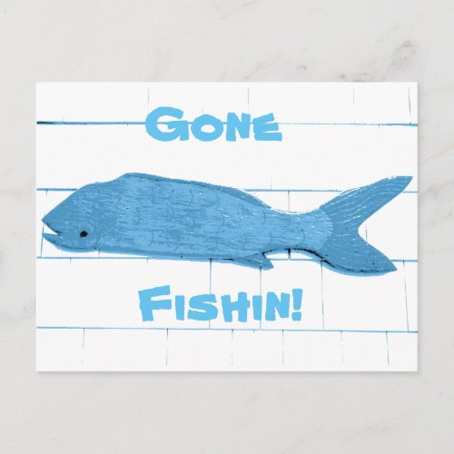 blue fish gone fishin logo postcard