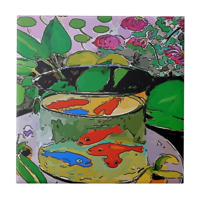 Blue Fish in Bowl Ceramic Tile (Front)