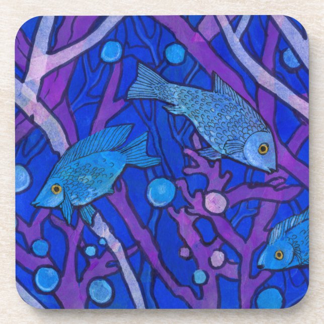 Blue Fish in Seaweed, Underwater Art Paper Collage Beverage Coaster (Front)