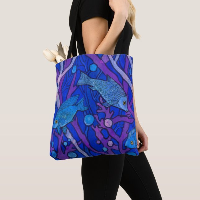 Blue Fish in Seaweed, Underwater Art Paper Collage Tote Bag (Close Up)