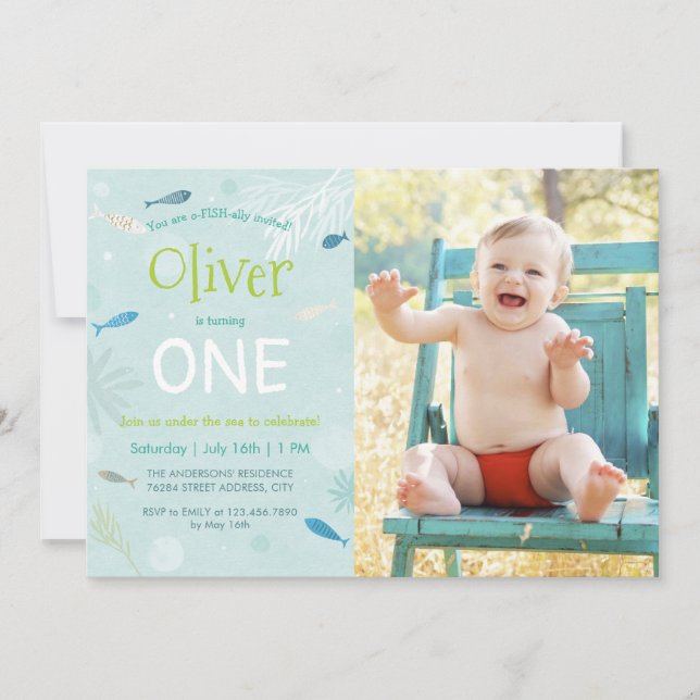 Blue Fish Kids Birthday Party Photo Card (Front)