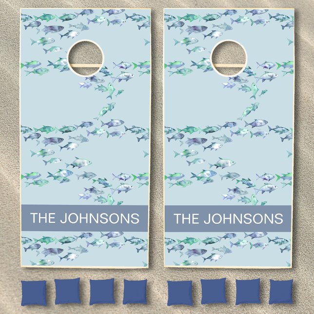 Blue Fish Nautical Beach House Personalized  Cornhole Set (Creator Uploaded)