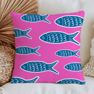 Blue Fish on Hot Pink Dopamine Aesthetic Ocean Throw Pillow