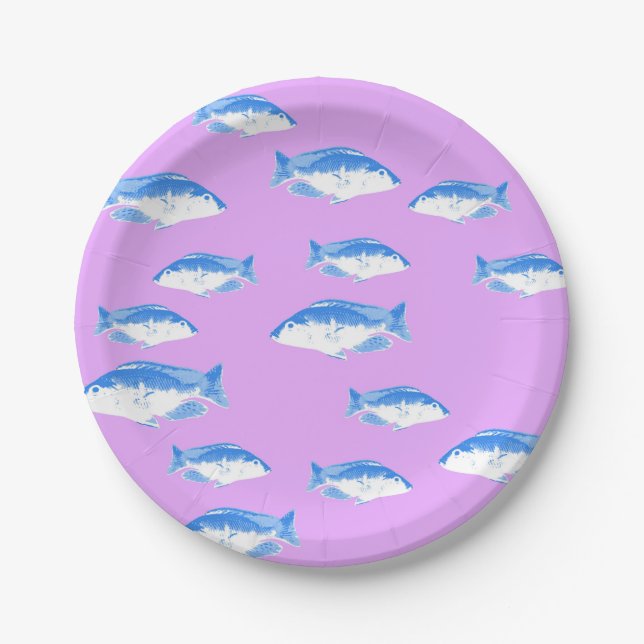 Blue fish on lilac paper plates (Front)