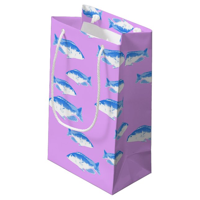 Blue fish on lilac small gift bag (Back Angled)