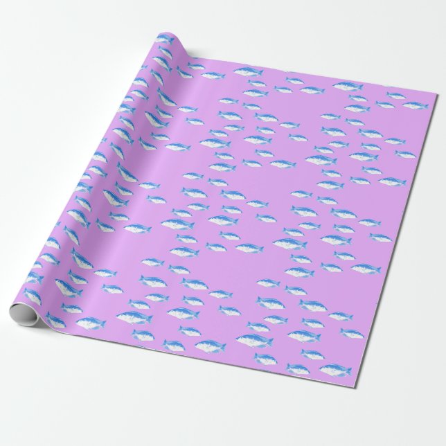 Blue fish on lilac wrapping paper (Unrolled)