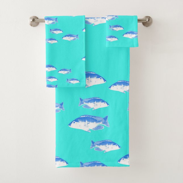 Blue fish on turquoise bath towel set (Insitu)