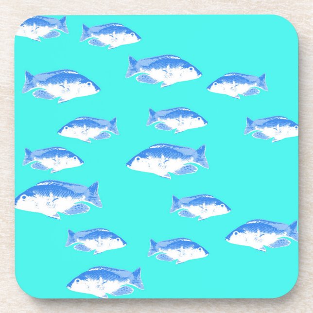 Blue fish on turquoise beverage coaster (Front)