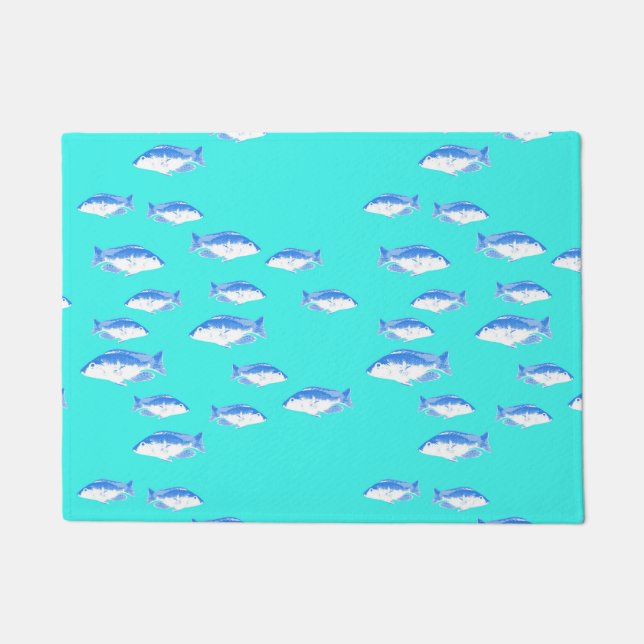 Blue fish on turquoise doormat (Front)