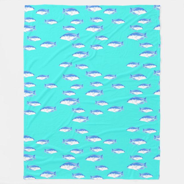 Blue fish on turquoise fleece blanket (Front)