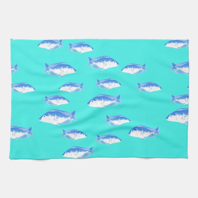 Blue fish on turquoise kitchen towel (Horizontal)