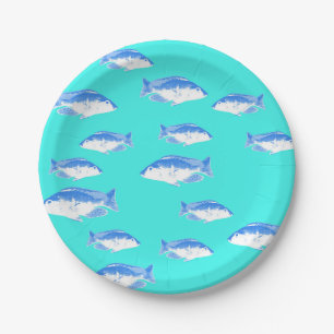 Blue fish on turquoise paper plates