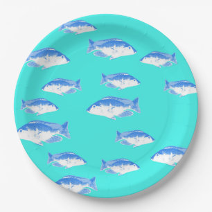 Blue fish on turquoise paper plates