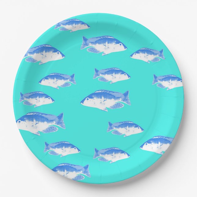 Blue fish on turquoise paper plates (Front)