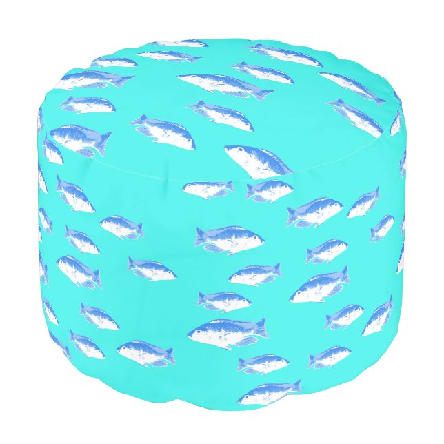 Blue fish on turquoise pouf (Angled Front)