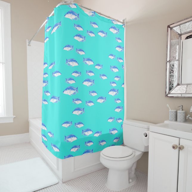Blue fish on turquoise shower curtain (In Situ)