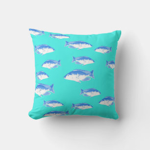 Blue fish on turquoise throw pillow