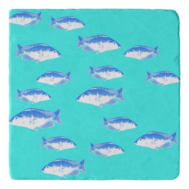Blue fish on turquoise trivet (Front)