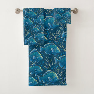 Blue Fish Pattern Bath Towel Set