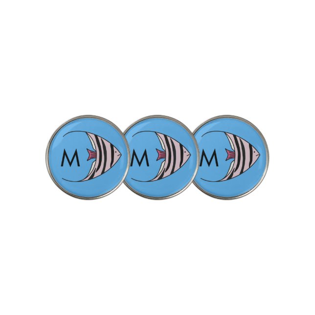 Blue fish pattern monogram golf ball marker (3 Up)