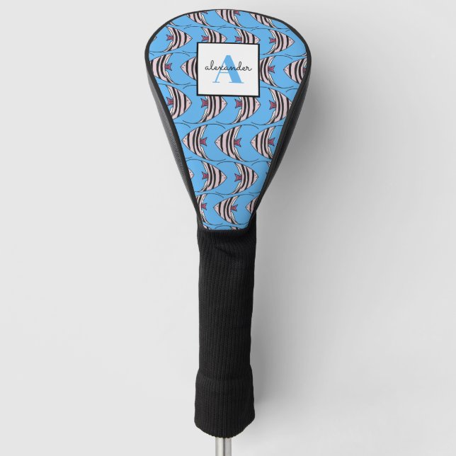 Blue fish pattern monogram golf head cover (Front)
