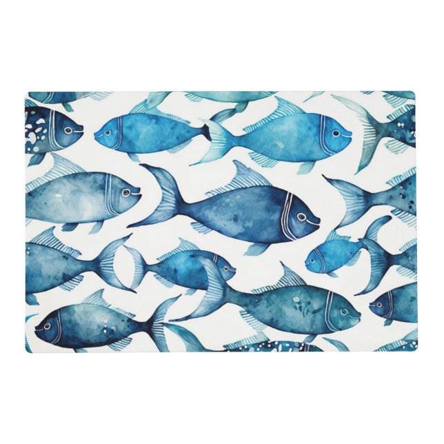 Blue Fish Pattern | Seaside Fisherman Party Table Placemat (Front)