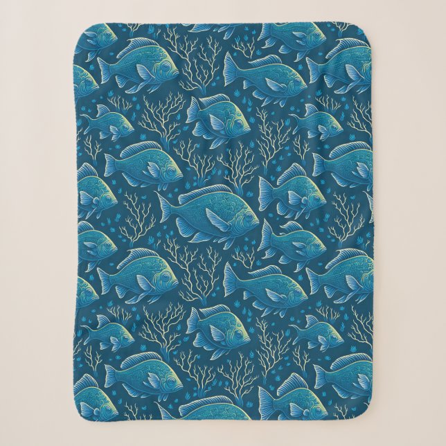 Blue Fish Pattern Sherpa Blanket (Front)