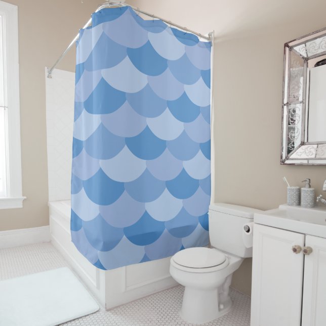 Blue Fish Scale Print Shower Curtain (In Situ)