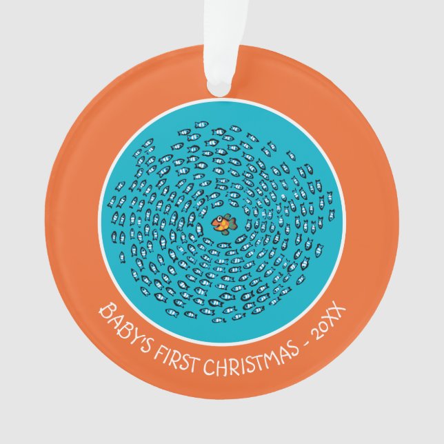 Blue Fish School Pattern with Small Orange Fish Ornament (Front)