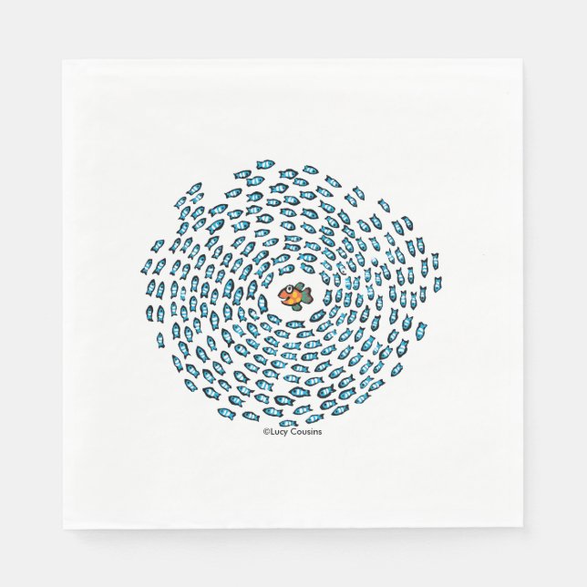 Blue Fish School Pattern with Small Orange Fish Paper Napkins (Front)