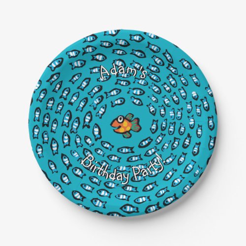 Blue Fish School Pattern with Small Orange Fish Paper Plates