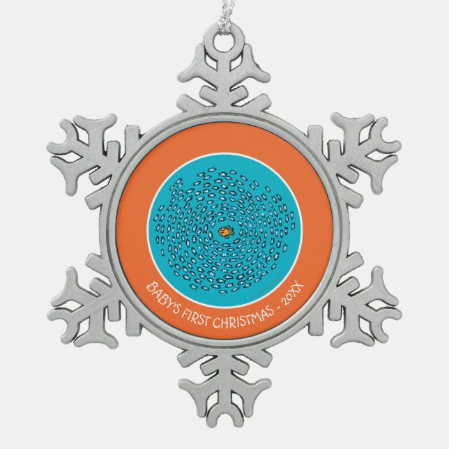 Blue Fish School Pattern with Small Orange Fish Snowflake Pewter Christmas Ornament (Front)