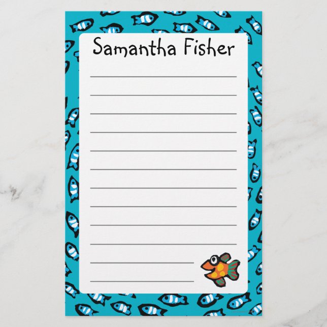 Blue Fish School Pattern with Small Orange Fish Stationery (Front)