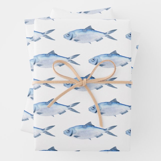 Blue Fish Watercolor Coastal Wrapping Paper Sheets (In situ)
