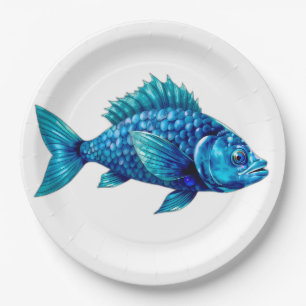 Blue Fish with Spiky Fins and Scales Paper Plates
