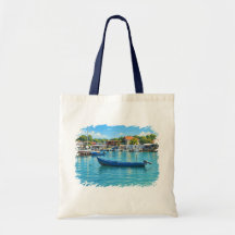 Blue Fishing Boat Coastal Harbor Tote Bag