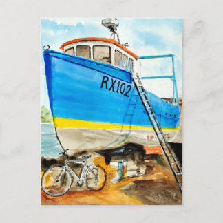 Blue Fishing Boat Watercolor Postcard