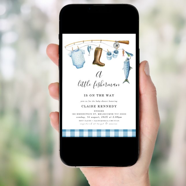 Blue Fishing Little Fisherman Baby Shower  Invitation (Front Digital)